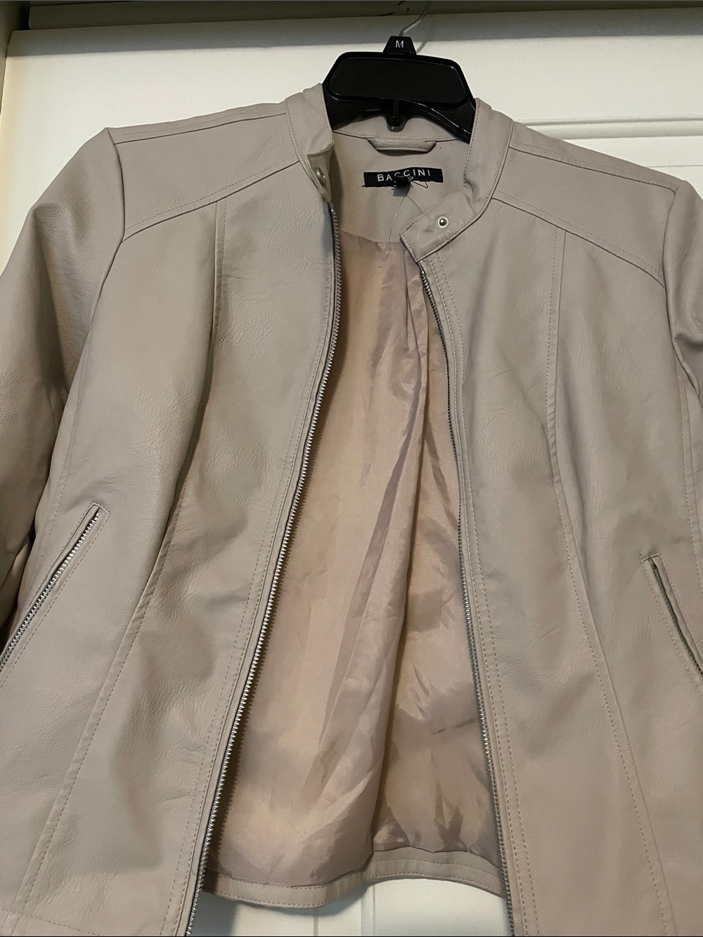 Baccini Light Gray Leather Jacket with Silver Zippers